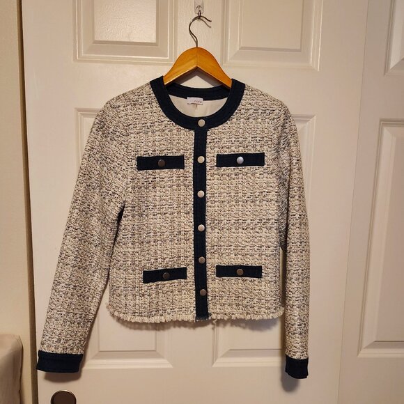 Ecru Size Small Cream + White Metallic Threaded Tweed Blazer Checked Denim Trim - Picture 1 of 9